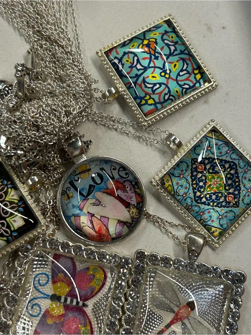 10 Silver tone Multi-Color Patterned Glass Pendant Necklaces